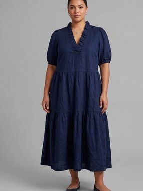NWT crown & ivy Navy Ruffled V-Neck Tiered Midi Dress